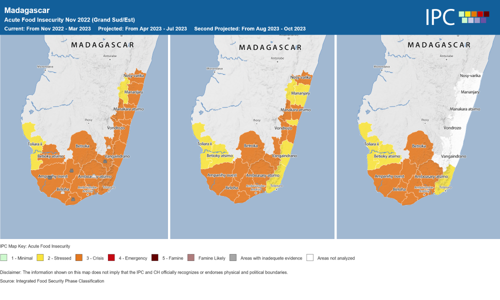 Le Réseau d'alerte précoce sur l'insécurité alimentaire alerte sur la situation de "crise aiguë" que subit le sud de Madagascar (les zones orange ; celles en jaune sont à un stade moins élevé). 