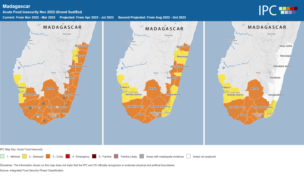 Le Réseau d'alerte précoce sur l'insécurité alimentaire alerte sur la situation de "crise aiguë" que subit le sud de Madagascar (les zones orange ; celles en jaune sont à un stade moins élevé). Le Réseau d'alerte précoce sur l'insécurité alimentaire alerte sur la situation de "crise aiguë" que subit le sud de Madagascar (les zones orange ; celles en jaune sont à un stade moins élevé).