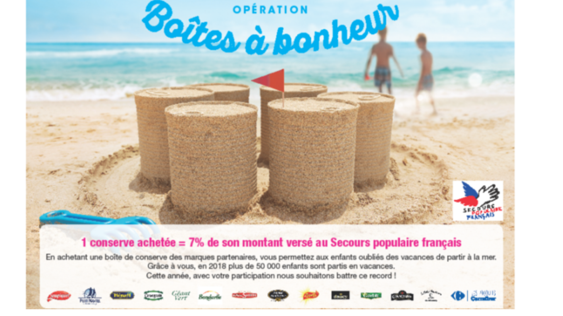 Affiche des Boîtes à bonheur.La mer, le soleil... et les boîtes de conserve au premier plan. Un résumé de l'opération Boîtes à bonheur.