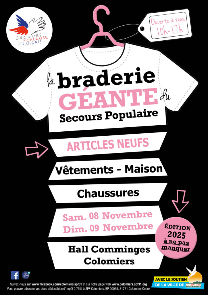 Grande braderie du Secours populaire de Colomiers les 8 et 9 novembre au Hall Comminges