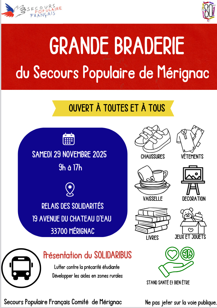 Braderie automne 2025 avec présentation du solidaribus samedi 29 novembre