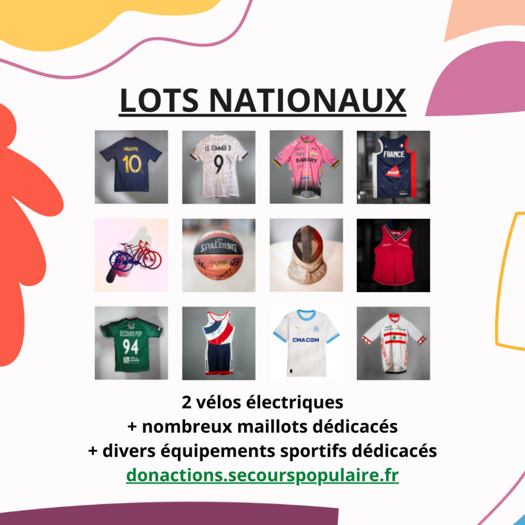 Lots nationaux pour le jeu solidaire Don'actions 2024 : 2 vélos électriques + nombreux maillots dédicacés + divers équipements sportifs dédicacés